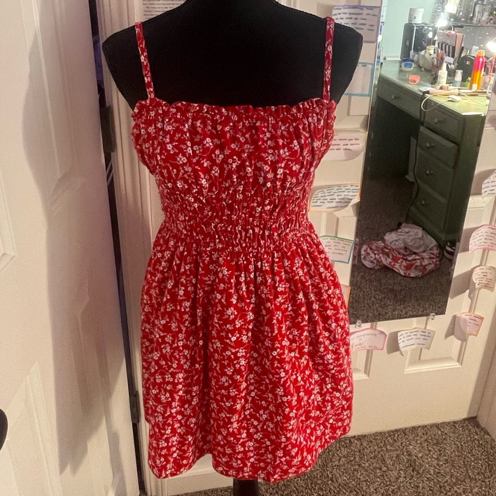 flowered red dress